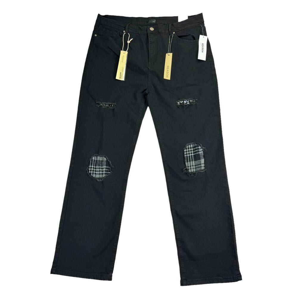 Reason Brand Mens Samuel Straight Fit Denim Destroyed Distressed Jeans Black 40